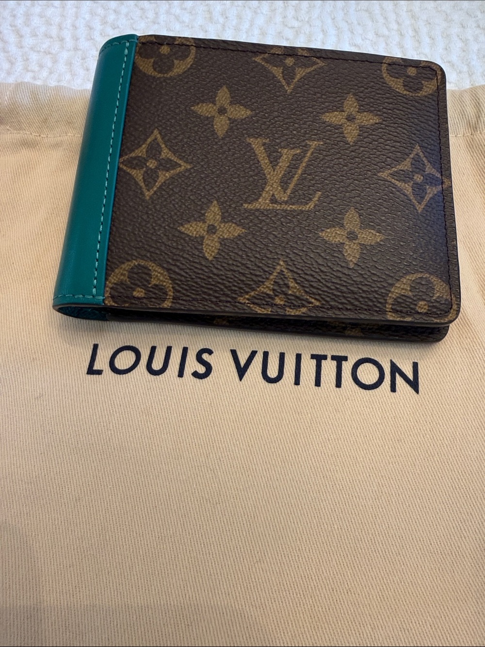 Louis Vuitton Men’s Multiple Wallet Brown Monogram with Teal Trim AUTHENTIC